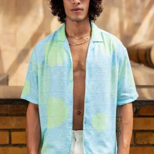Men's Blue & Green All Over Printed Oversized Shirt